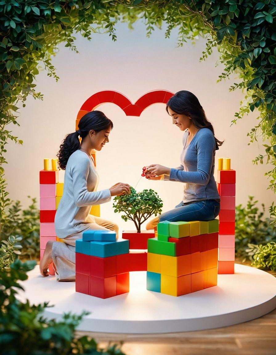 A cozy scene depicting two people building a heart-shaped structure with colorful building blocks, surrounded by soft lighting and greenery. Include elements symbolizing commitment and intimacy such as intertwined hands and warm smiles. The background features a tranquil home setting, suggesting a sense of togetherness and harmony. vibrant colors. super-realistic.