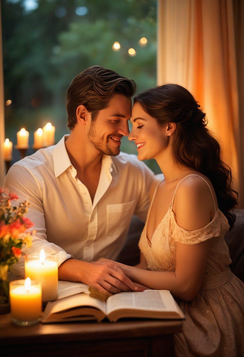 A warm, inviting scene of a couple sharing a cozy moment together, surrounded by soft candlelight and a beautiful bouquet of flowers. The couple is smiling and engaging in deep conversation, with hints of affection in their eyes. The background features a serene, softly blurred landscape symbolizing tranquility, and elements that represent shared passions like books and art. Gentle, romantic colors enhance the intimate atmosphere. super-realistic. warm tones. soft focus.