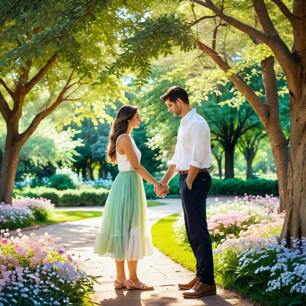 A heartwarming scene of a couple sharing a tender moment in a picturesque park, surrounded by blooming flowers and soft sunlight filtering through the trees. They hold hands, gazing into each other's eyes, conveying deep affection and connection. In the background, a gentle breeze rustles the leaves, adding to the atmosphere of romance. The color palette should be warm and inviting, with lush greens and soft pastels. super-realistic. vibrant colors.